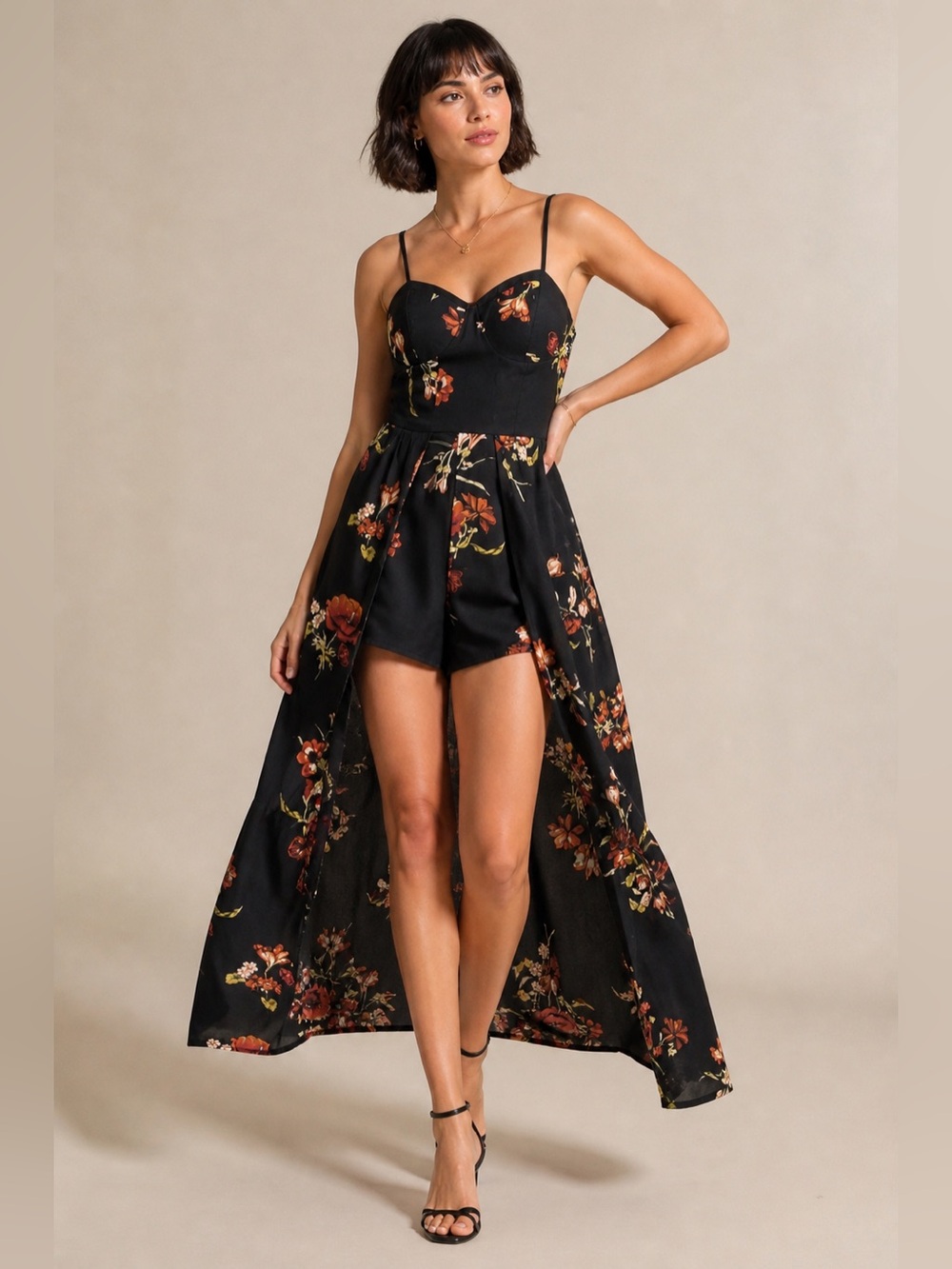 Band of Gypsies Black Floral High-Low Romper Dress With Shorts Lining
